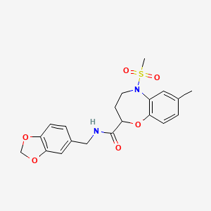 molecular formula C20H22N2O6S B11250147 N-(1,3-benzodioxol-5-ylmethyl)-7-methyl-5-(methylsulfonyl)-2,3,4,5-tetrahydro-1,5-benzoxazepine-2-carboxamide 