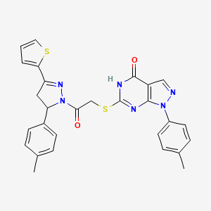 molecular formula C28H24N6O2S2 B11250429 6-((2-oxo-2-(3-(thiophen-2-yl)-5-(p-tolyl)-4,5-dihydro-1H-pyrazol-1-yl)ethyl)thio)-1-(p-tolyl)-1H-pyrazolo[3,4-d]pyrimidin-4(5H)-one 