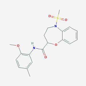 molecular formula C19H22N2O5S B11250783 N-(2-methoxy-5-methylphenyl)-5-(methylsulfonyl)-2,3,4,5-tetrahydro-1,5-benzoxazepine-2-carboxamide 