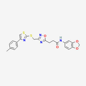 molecular formula C23H20N4O4S2 B11251335 N-(1,3-benzodioxol-5-yl)-3-[3-({[4-(4-methylphenyl)-1,3-thiazol-2-yl]sulfanyl}methyl)-1,2,4-oxadiazol-5-yl]propanamide 