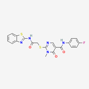 molecular formula C21H16FN5O3S2 B11252365 2-({[(1,3-Benzothiazol-2-YL)carbamoyl]methyl}sulfanyl)-N-(4-fluorophenyl)-1-methyl-6-oxo-1,6-dihydropyrimidine-5-carboxamide 