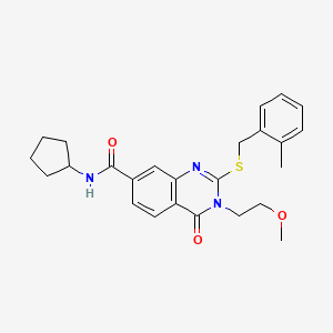 molecular formula C25H29N3O3S B11252513 N-cyclopentyl-3-(2-methoxyethyl)-2-((2-methylbenzyl)thio)-4-oxo-3,4-dihydroquinazoline-7-carboxamide 