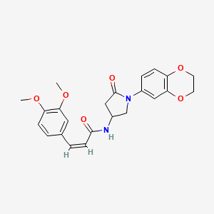 molecular formula C23H24N2O6 B11254186 (Z)-N-(1-(2,3-dihydrobenzo[b][1,4]dioxin-6-yl)-5-oxopyrrolidin-3-yl)-3-(3,4-dimethoxyphenyl)acrylamide 