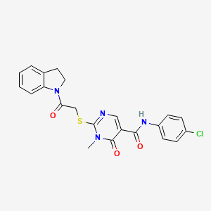 molecular formula C22H19ClN4O3S B11254913 N-(4-chlorophenyl)-2-((2-(indolin-1-yl)-2-oxoethyl)thio)-1-methyl-6-oxo-1,6-dihydropyrimidine-5-carboxamide 