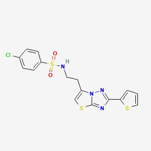 molecular formula C16H13ClN4O2S3 B11256488 4-chloro-N-(2-(2-(thiophen-2-yl)thiazolo[3,2-b][1,2,4]triazol-6-yl)ethyl)benzenesulfonamide 