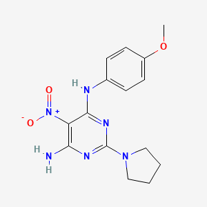 molecular formula C15H18N6O3 B11257112 N-(4-methoxyphenyl)-5-nitro-2-(pyrrolidin-1-yl)pyrimidine-4,6-diamine 