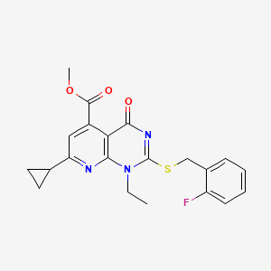 molecular formula C21H20FN3O3S B11257744 Methyl 7-cyclopropyl-1-ethyl-2-((2-fluorobenzyl)thio)-4-oxo-1,4-dihydropyrido[2,3-d]pyrimidine-5-carboxylate 