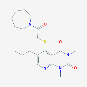 molecular formula C21H30N4O3S B11257767 5-((2-(azepan-1-yl)-2-oxoethyl)thio)-6-isobutyl-1,3-dimethylpyrido[2,3-d]pyrimidine-2,4(1H,3H)-dione 