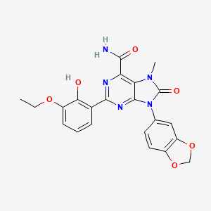 molecular formula C22H19N5O6 B11258498 9-(1,3-dioxaindan-5-yl)-2-(3-ethoxy-2-hydroxyphenyl)-7-methyl-8-oxo-8,9-dihydro-7H-purine-6-carboxamide 