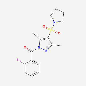 molecular formula C16H18IN3O3S B11258870 (3,5-dimethyl-4-(pyrrolidin-1-ylsulfonyl)-1H-pyrazol-1-yl)(2-iodophenyl)methanone 