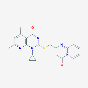 molecular formula C21H19N5O2S B11258887 1-cyclopropyl-5,7-dimethyl-2-{[(4-oxo-4H-pyrido[1,2-a]pyrimidin-2-yl)methyl]sulfanyl}pyrido[2,3-d]pyrimidin-4(1H)-one 