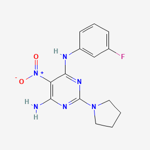 molecular formula C14H15FN6O2 B11259072 N-(3-fluorophenyl)-5-nitro-2-(pyrrolidin-1-yl)pyrimidine-4,6-diamine 