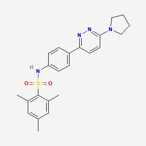 molecular formula C23H26N4O2S B11259772 2,4,6-trimethyl-N-(4-(6-(pyrrolidin-1-yl)pyridazin-3-yl)phenyl)benzenesulfonamide 