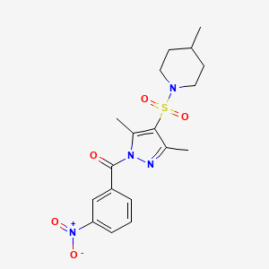 molecular formula C18H22N4O5S B11259822 (3,5-dimethyl-4-((4-methylpiperidin-1-yl)sulfonyl)-1H-pyrazol-1-yl)(3-nitrophenyl)methanone 