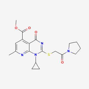 molecular formula C19H22N4O4S B11259935 Methyl 1-cyclopropyl-7-methyl-4-oxo-2-{[2-oxo-2-(pyrrolidin-1-yl)ethyl]sulfanyl}-1,4-dihydropyrido[2,3-d]pyrimidine-5-carboxylate 