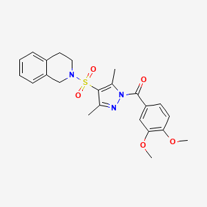 molecular formula C23H25N3O5S B11259979 (4-((3,4-dihydroisoquinolin-2(1H)-yl)sulfonyl)-3,5-dimethyl-1H-pyrazol-1-yl)(3,4-dimethoxyphenyl)methanone 