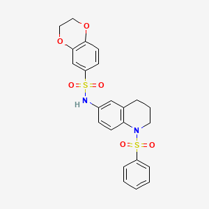 molecular formula C23H22N2O6S2 B11261384 N-(1-(phenylsulfonyl)-1,2,3,4-tetrahydroquinolin-6-yl)-2,3-dihydrobenzo[b][1,4]dioxine-6-sulfonamide 