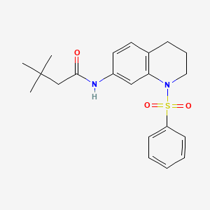 molecular formula C21H26N2O3S B11261610 3,3-dimethyl-N-(1-(phenylsulfonyl)-1,2,3,4-tetrahydroquinolin-7-yl)butanamide 