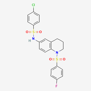 molecular formula C21H18ClFN2O4S2 B11261625 4-chloro-N-(1-((4-fluorophenyl)sulfonyl)-1,2,3,4-tetrahydroquinolin-6-yl)benzenesulfonamide 