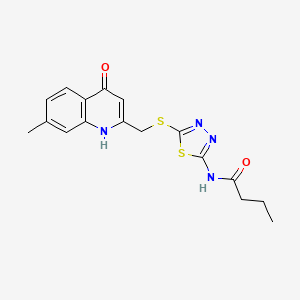 molecular formula C17H18N4O2S2 B11262043 N-(5-{[(7-Methyl-4-oxo-1,4-dihydroquinolin-2-YL)methyl]sulfanyl}-1,3,4-thiadiazol-2-YL)butanamide 