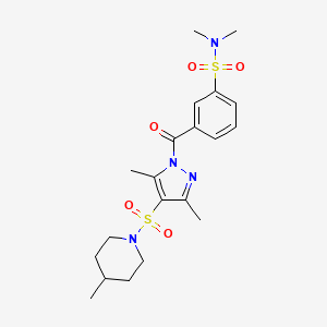 molecular formula C20H28N4O5S2 B11262383 3-(3,5-dimethyl-4-((4-methylpiperidin-1-yl)sulfonyl)-1H-pyrazole-1-carbonyl)-N,N-dimethylbenzenesulfonamide 