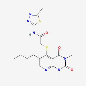 molecular formula C18H22N6O3S2 B11262617 2-((6-butyl-1,3-dimethyl-2,4-dioxo-1,2,3,4-tetrahydropyrido[2,3-d]pyrimidin-5-yl)thio)-N-(5-methyl-1,3,4-thiadiazol-2-yl)acetamide 