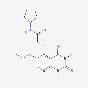 molecular formula C20H28N4O3S B11263186 N-cyclopentyl-2-((6-isobutyl-1,3-dimethyl-2,4-dioxo-1,2,3,4-tetrahydropyrido[2,3-d]pyrimidin-5-yl)thio)acetamide 