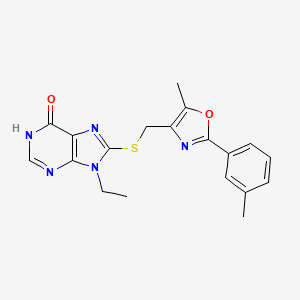 molecular formula C19H19N5O2S B11263271 9-ethyl-8-({[5-methyl-2-(3-methylphenyl)-1,3-oxazol-4-yl]methyl}sulfanyl)-1,9-dihydro-6H-purin-6-one 