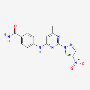 molecular formula C15H13N7O3 B11263281 4-{[6-methyl-2-(4-nitro-1H-pyrazol-1-yl)pyrimidin-4-yl]amino}benzamide 