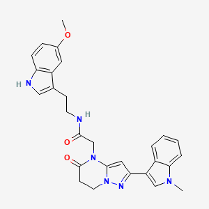 molecular formula C28H28N6O3 B11263517 N-[2-(5-Methoxy-1H-indol-3-YL)ethyl]-2-[2-(1-methyl-1H-indol-3-YL)-5-oxo-4H,5H,6H,7H-pyrazolo[1,5-A]pyrimidin-4-YL]acetamide 