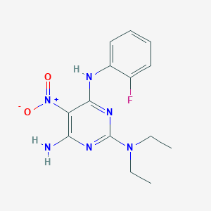 molecular formula C14H17FN6O2 B11263561 N~2~,N~2~-diethyl-N~4~-(2-fluorophenyl)-5-nitropyrimidine-2,4,6-triamine 