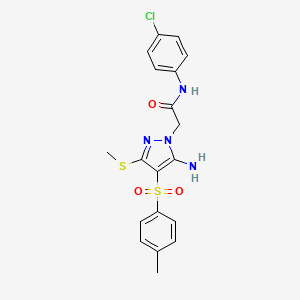 molecular formula C19H19ClN4O3S2 B11263779 2-(5-amino-3-(methylthio)-4-tosyl-1H-pyrazol-1-yl)-N-(4-chlorophenyl)acetamide 