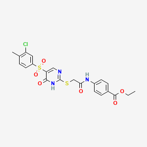 molecular formula C22H20ClN3O6S2 B11264064 Ethyl 4-{[({5-[(3-chloro-4-methylphenyl)sulfonyl]-6-oxo-1,6-dihydropyrimidin-2-yl}sulfanyl)acetyl]amino}benzoate 