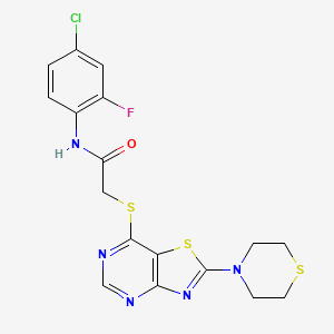 molecular formula C17H15ClFN5OS3 B11265334 N-(4-Chloro-2-fluorophenyl)-2-{[2-(thiomorpholin-4-YL)-[1,3]thiazolo[4,5-D]pyrimidin-7-YL]sulfanyl}acetamide 