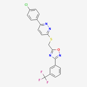 molecular formula C20H12ClF3N4OS B11265350 3-(4-Chlorophenyl)-6-[({3-[3-(trifluoromethyl)phenyl]-1,2,4-oxadiazol-5-yl}methyl)sulfanyl]pyridazine 