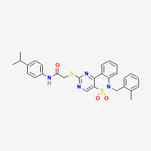 2-({9-[(2-methylphenyl)methyl]-8,8-dioxo-8lambda6-thia-3,5,9-triazatricyclo[8.4.0.0^{2,7}]tetradeca-1(14),2(7),3,5,10,12-hexaen-4-yl}sulfanyl)-N-[4-(propan-2-yl)phenyl]acetamide