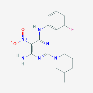 molecular formula C16H19FN6O2 B11265430 N-(3-fluorophenyl)-2-(3-methylpiperidin-1-yl)-5-nitropyrimidine-4,6-diamine 