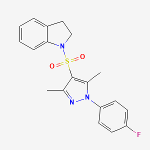 molecular formula C19H18FN3O2S B11265583 1-{[1-(4-fluorophenyl)-3,5-dimethyl-1H-pyrazol-4-yl]sulfonyl}-2,3-dihydro-1H-indole 