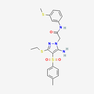 molecular formula C21H24N4O3S3 B11265703 2-(5-amino-3-(ethylthio)-4-tosyl-1H-pyrazol-1-yl)-N-(3-(methylthio)phenyl)acetamide 