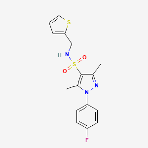 molecular formula C16H16FN3O2S2 B11266898 1-(4-fluorophenyl)-3,5-dimethyl-N-(thiophen-2-ylmethyl)-1H-pyrazole-4-sulfonamide 