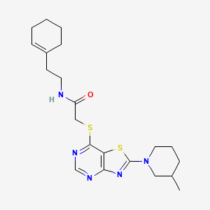 molecular formula C21H29N5OS2 B11267140 N-[2-(Cyclohex-1-EN-1-YL)ethyl]-2-{[2-(3-methylpiperidin-1-YL)-[1,3]thiazolo[4,5-D]pyrimidin-7-YL]sulfanyl}acetamide 