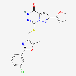 molecular formula C20H14ClN5O3S B11267298 2-(((2-(3-Chlorophenyl)-5-methyloxazol-4-yl)methyl)thio)-8-(furan-2-yl)pyrazolo[1,5-d][1,2,4]triazinone 