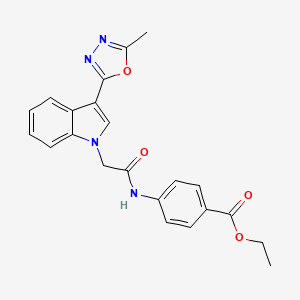 molecular formula C22H20N4O4 B11267490 Ethyl 4-{2-[3-(5-methyl-1,3,4-oxadiazol-2-YL)-1H-indol-1-YL]acetamido}benzoate 