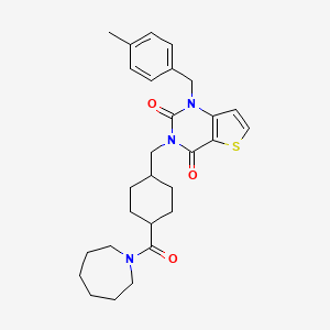 molecular formula C28H35N3O3S B11267599 3-((4-(azepane-1-carbonyl)cyclohexyl)methyl)-1-(4-methylbenzyl)thieno[3,2-d]pyrimidine-2,4(1H,3H)-dione 