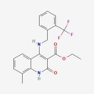 molecular formula C21H19F3N2O3 B11267770 Ethyl 8-methyl-2-oxo-4-((2-(trifluoromethyl)benzyl)amino)-1,2-dihydroquinoline-3-carboxylate 