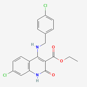 molecular formula C19H16Cl2N2O3 B11267931 Ethyl 7-chloro-4-((4-chlorobenzyl)amino)-2-oxo-1,2-dihydroquinoline-3-carboxylate 