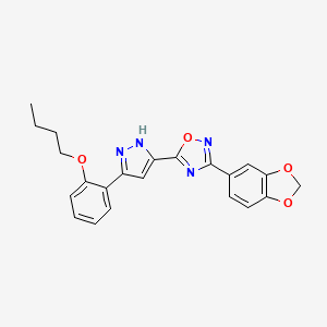 molecular formula C22H20N4O4 B11268123 3-(benzo[d][1,3]dioxol-5-yl)-5-(3-(2-butoxyphenyl)-1H-pyrazol-5-yl)-1,2,4-oxadiazole 