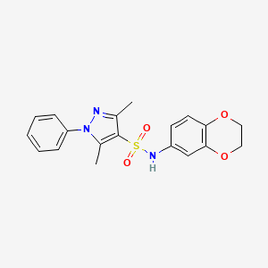 molecular formula C19H19N3O4S B11268597 N-(2,3-dihydro-1,4-benzodioxin-6-yl)-3,5-dimethyl-1-phenyl-1H-pyrazole-4-sulfonamide 