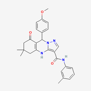 molecular formula C27H28N4O3 B11268638 9-(4-methoxyphenyl)-6,6-dimethyl-N-(3-methylphenyl)-8-oxo-4,5,6,7,8,9-hexahydropyrazolo[5,1-b]quinazoline-3-carboxamide 