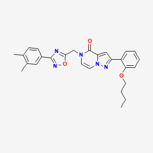 molecular formula C27H27N5O3 B11268779 2-(2-butoxyphenyl)-5-((3-(3,4-dimethylphenyl)-1,2,4-oxadiazol-5-yl)methyl)pyrazolo[1,5-a]pyrazin-4(5H)-one 